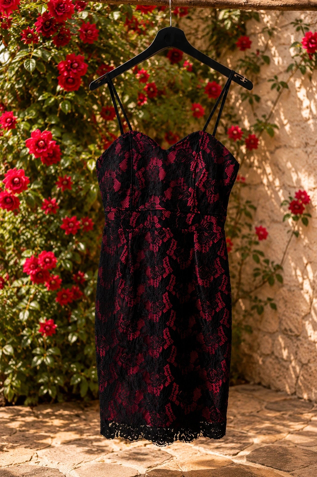 Robe noire et rouge en dentelle, élégante et féminine