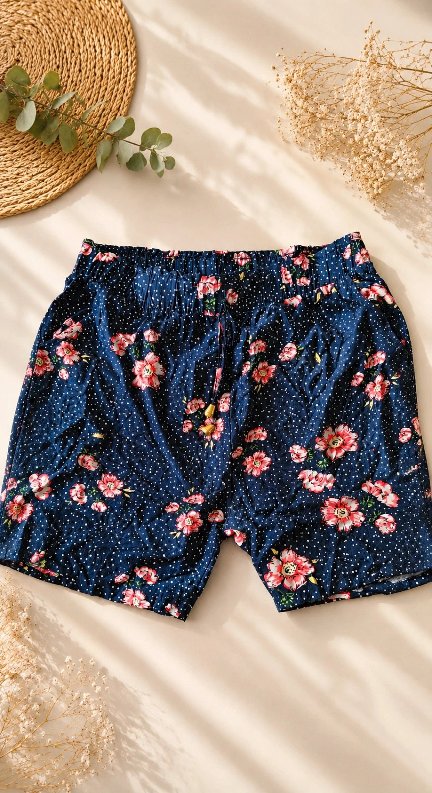 Short fluide fleuri bleu marine – Taille XXL