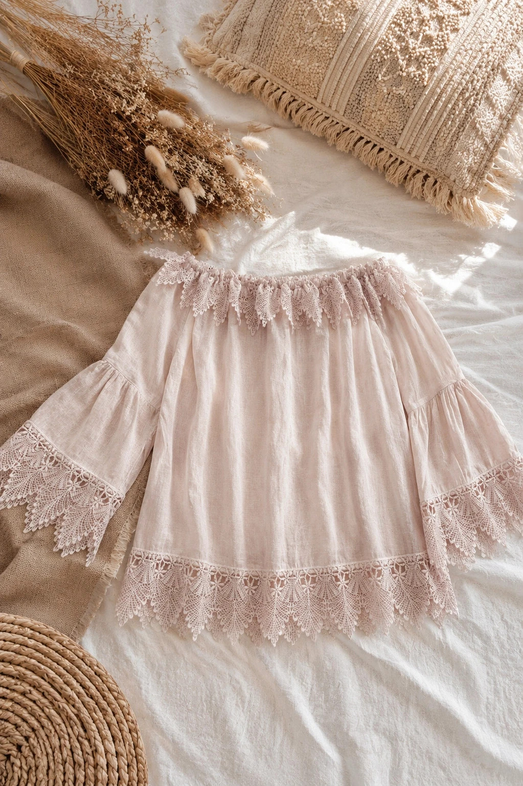 Blouse bohème rose poudré dentelle