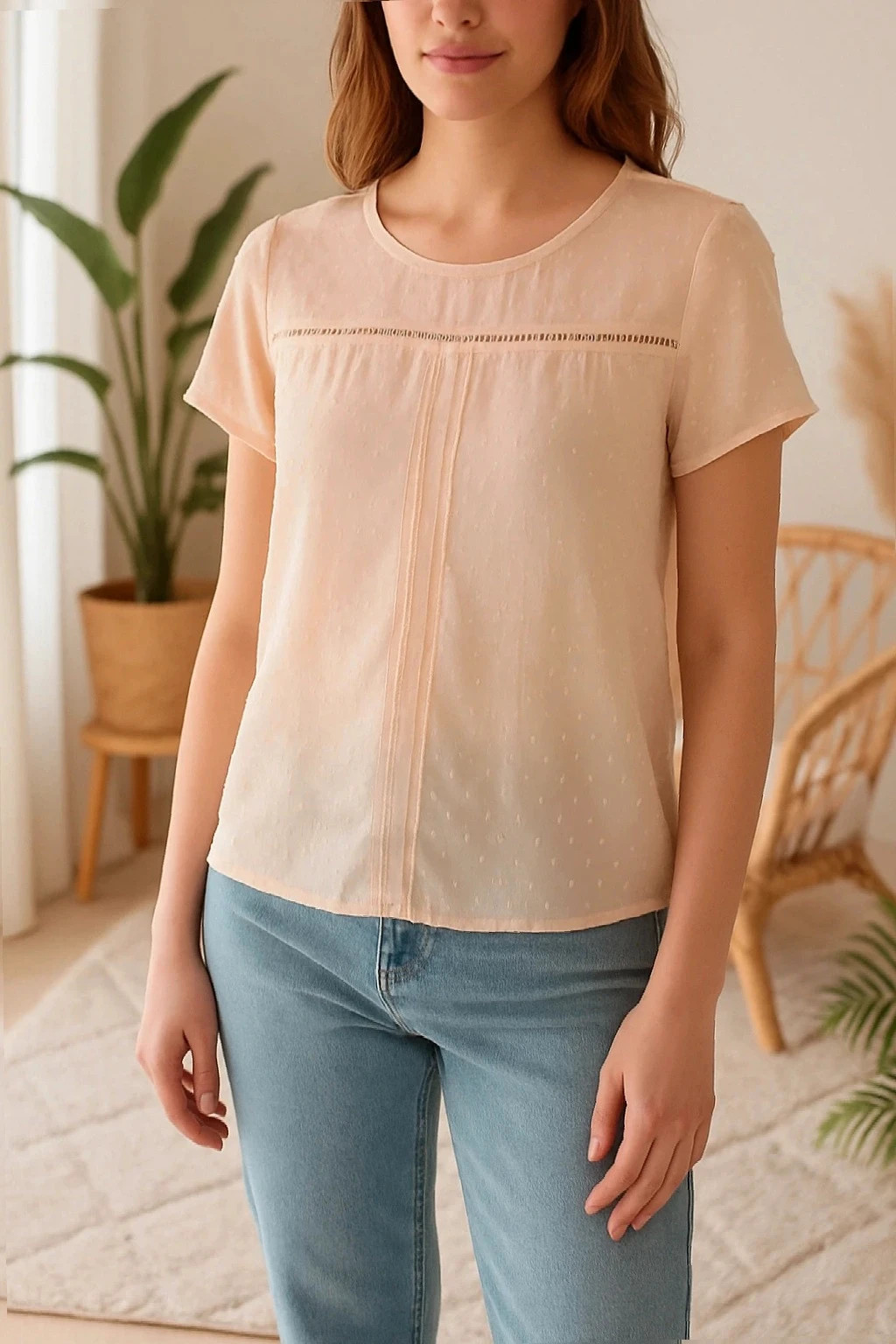 Blouse Nude transparente à pois – col rond – T.40