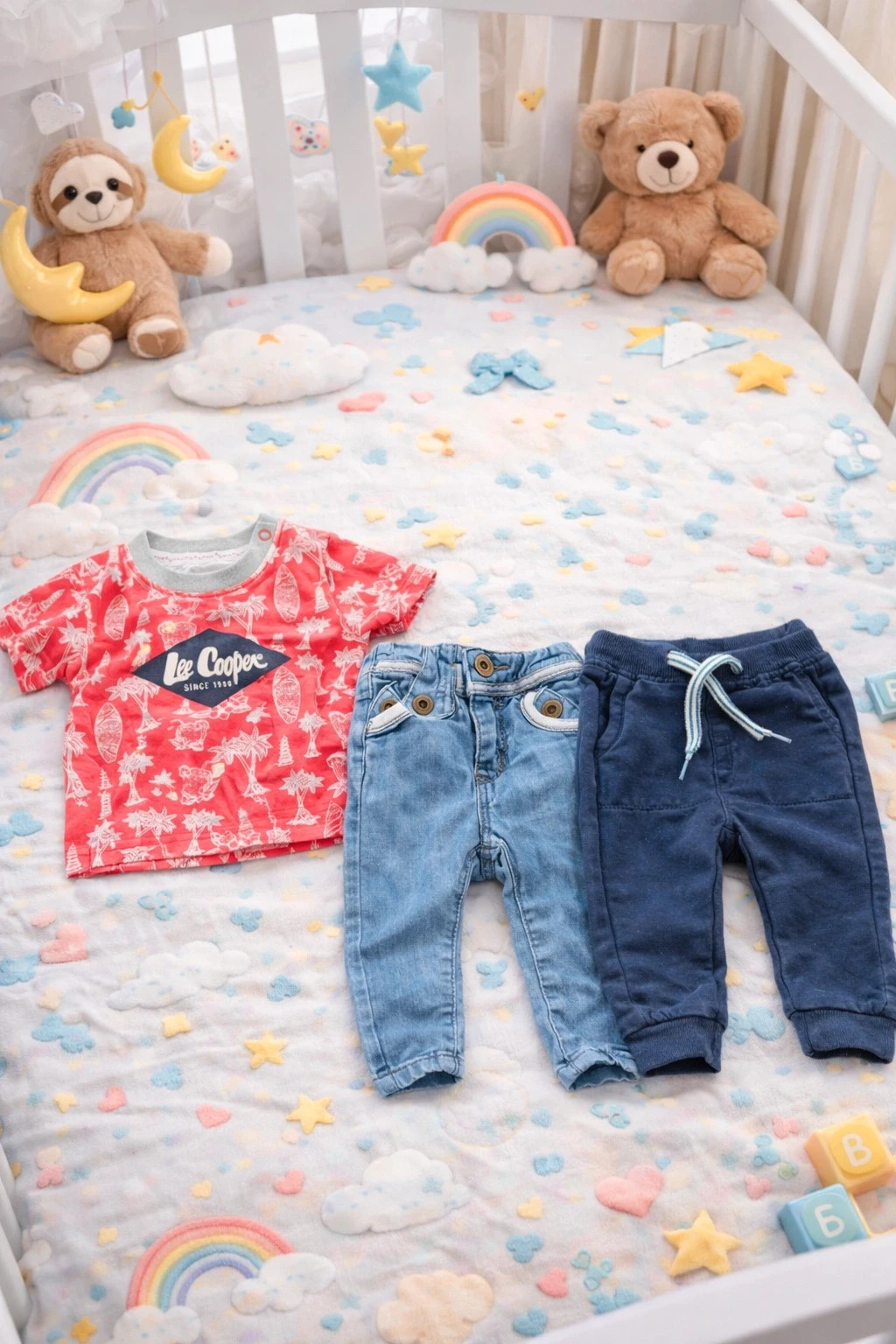 Lot bébé – 2 pantalons 1 mois + tee-shirt 3 mois