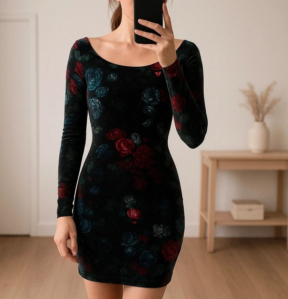 Robe moulante velours fleurs vintage Amazone T3 .