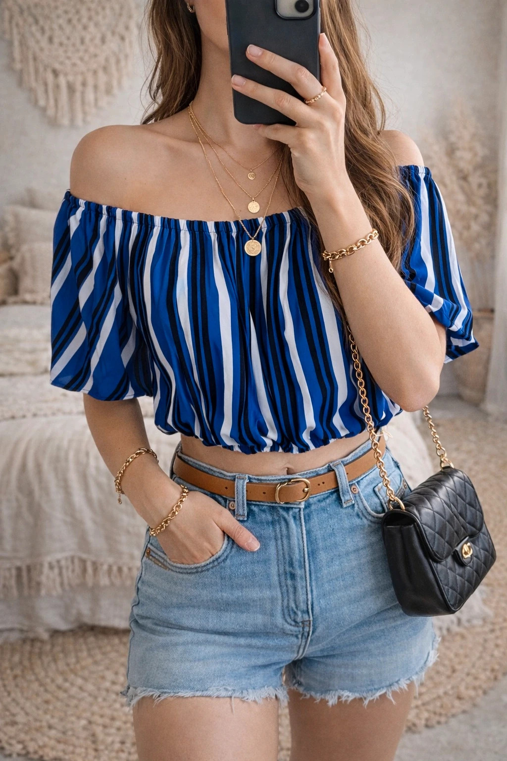 Crop top rayé bleu et blanc – style bohème – taille S/M