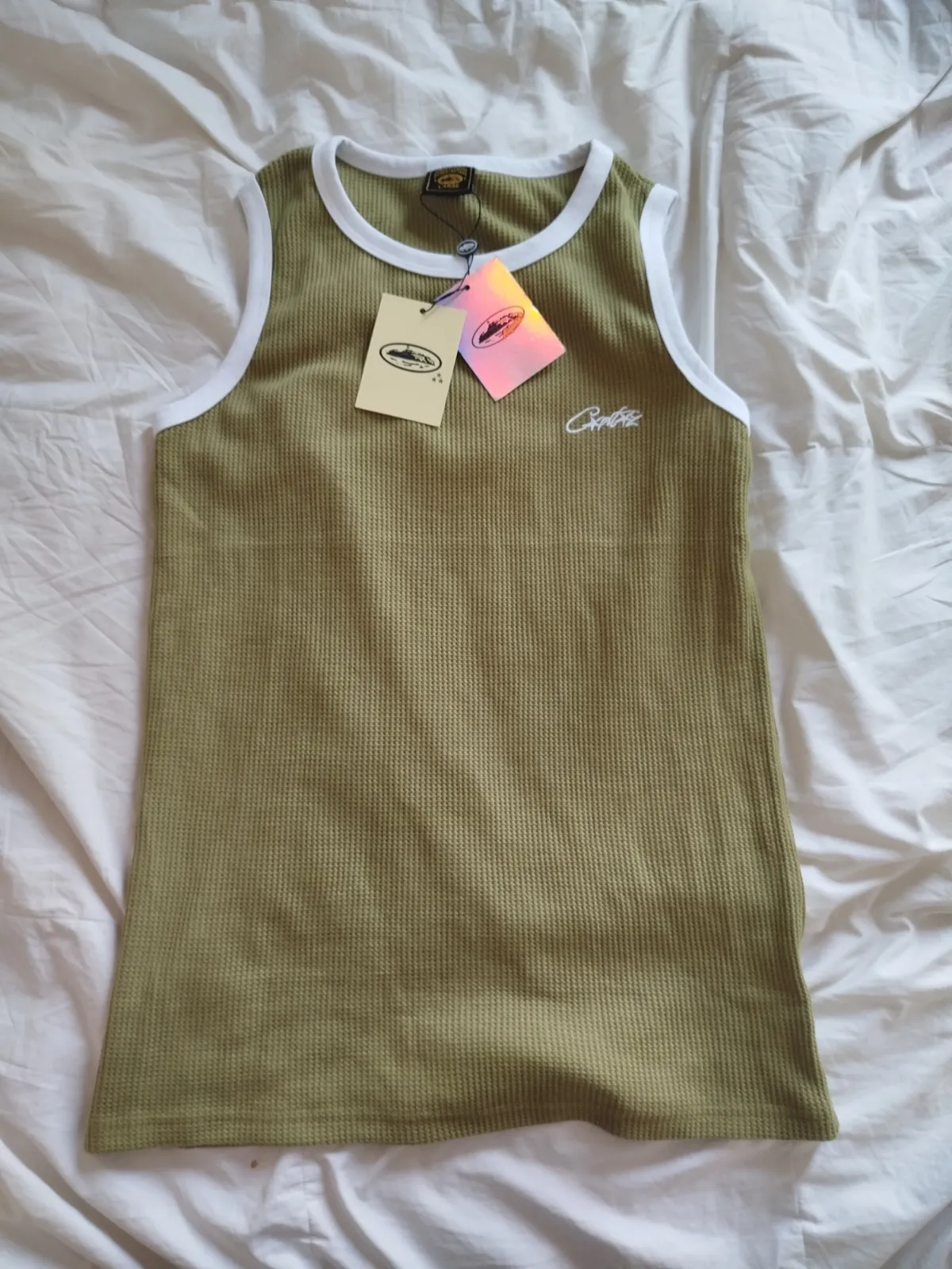 Ribbed Tank Top Olive Green White 3