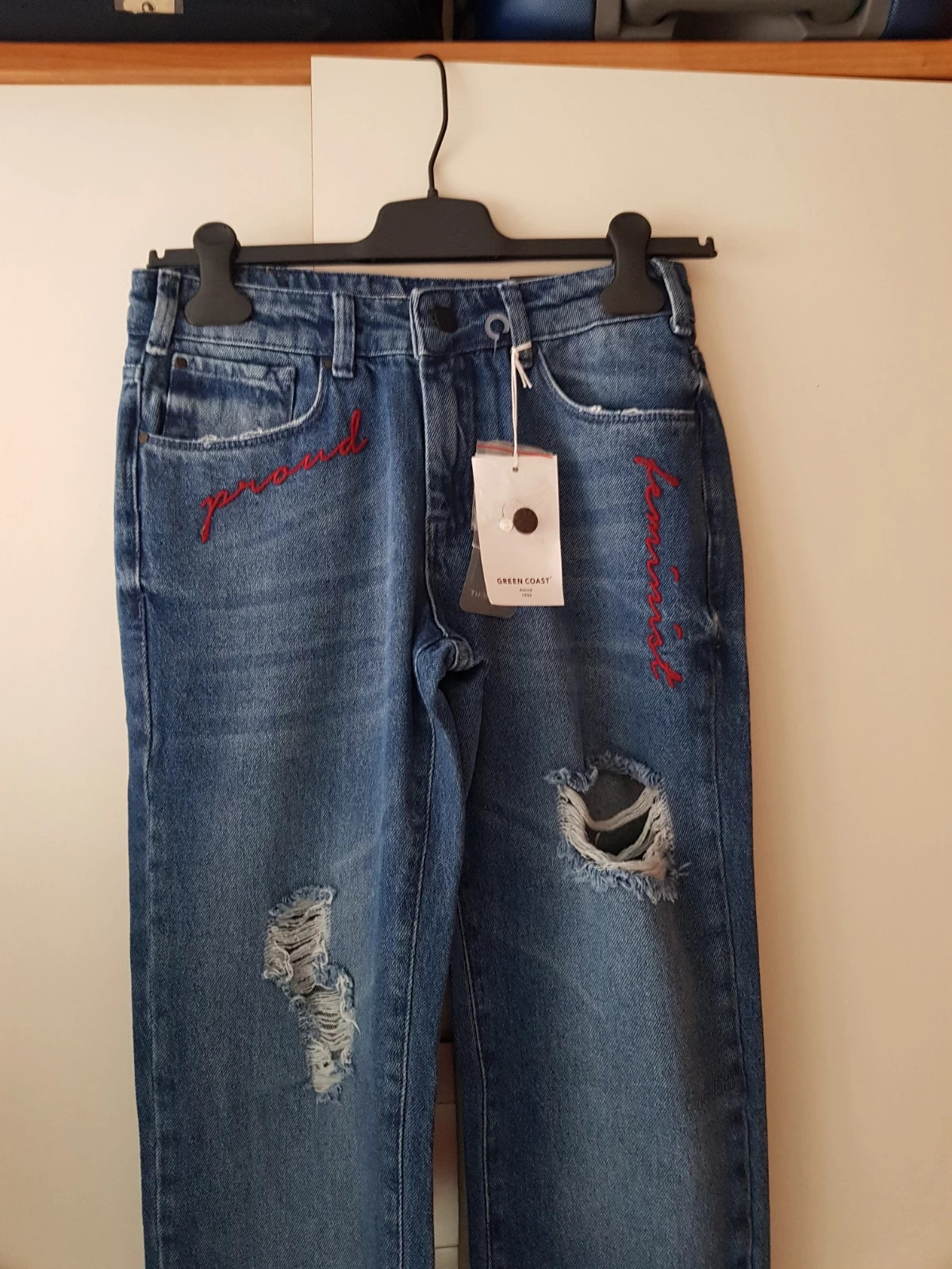 Vaquero straight con mensaje👖 – Green Coast – taille S / 36 / 8 3
