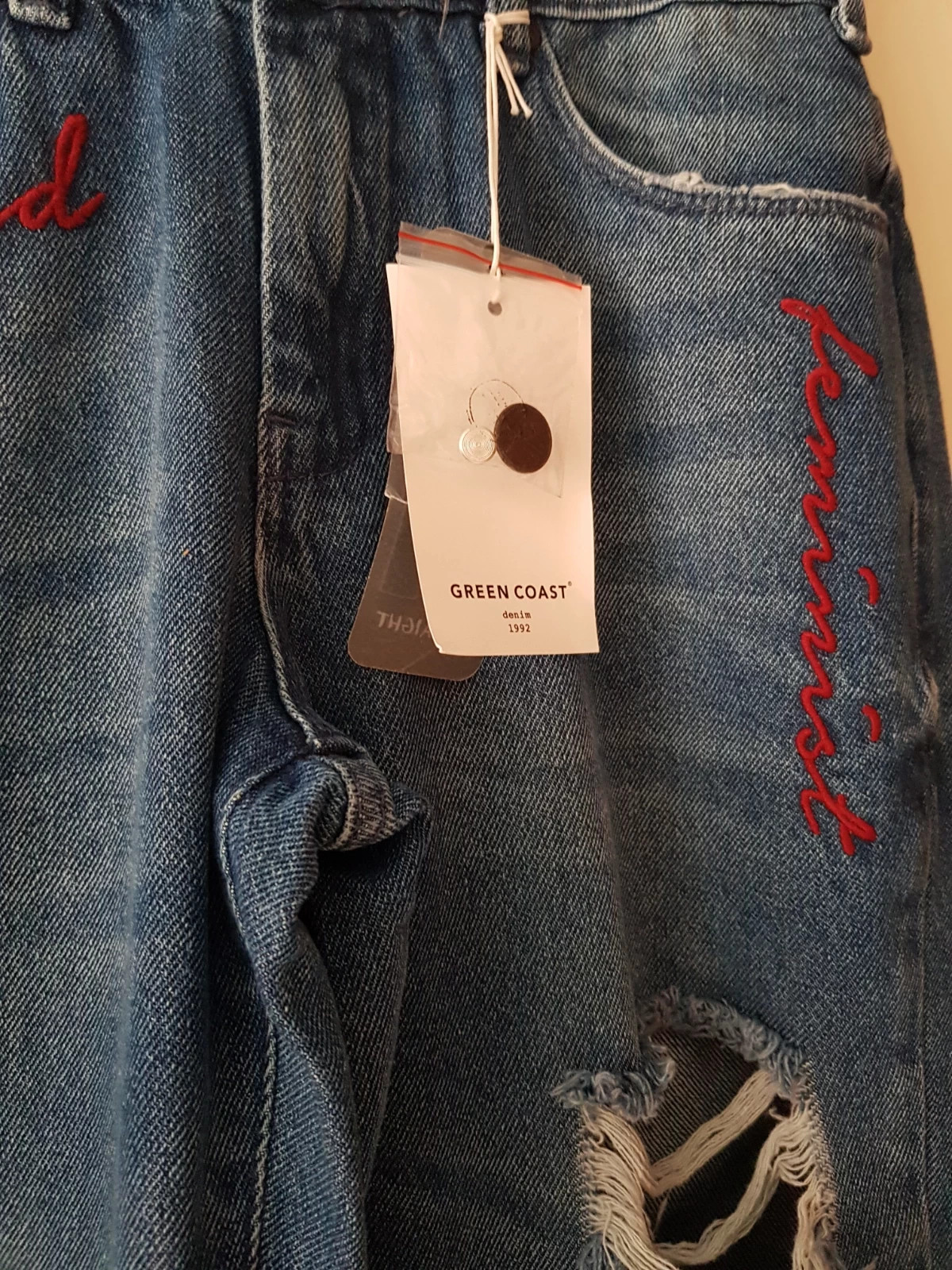 Vaquero straight con mensaje👖 – Green Coast – taille S / 36 / 8 5