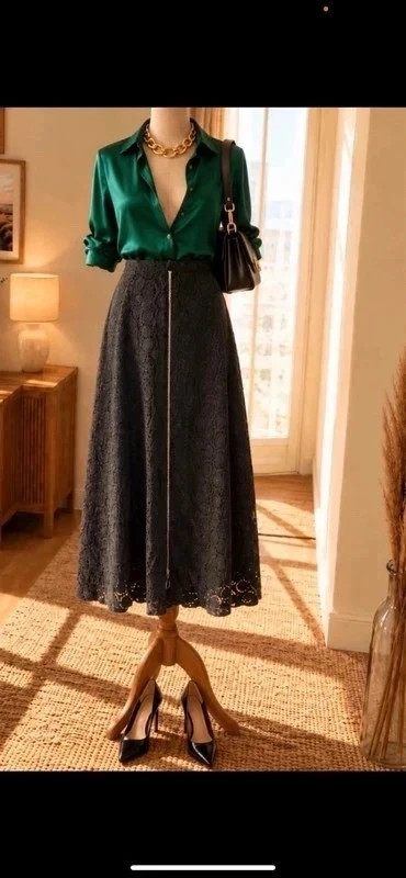 Très belle Jupe mi-longue noire ZARA – Motifs cercles travaillés (Taille XS) – Zara – taille XS
