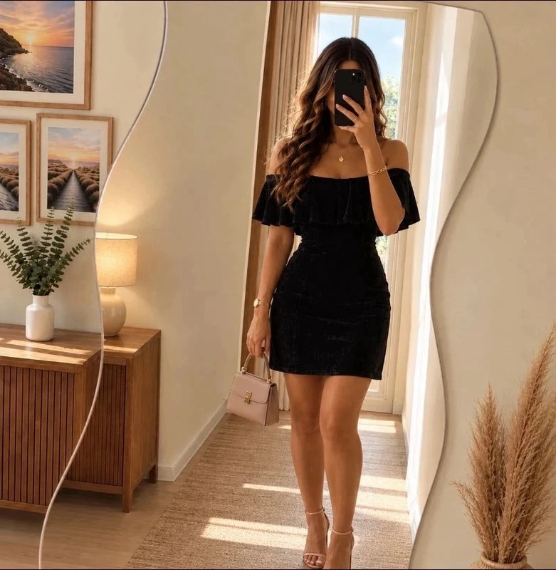 Sublime robe noire en velours col bateau - Chic & Ultra Féminine