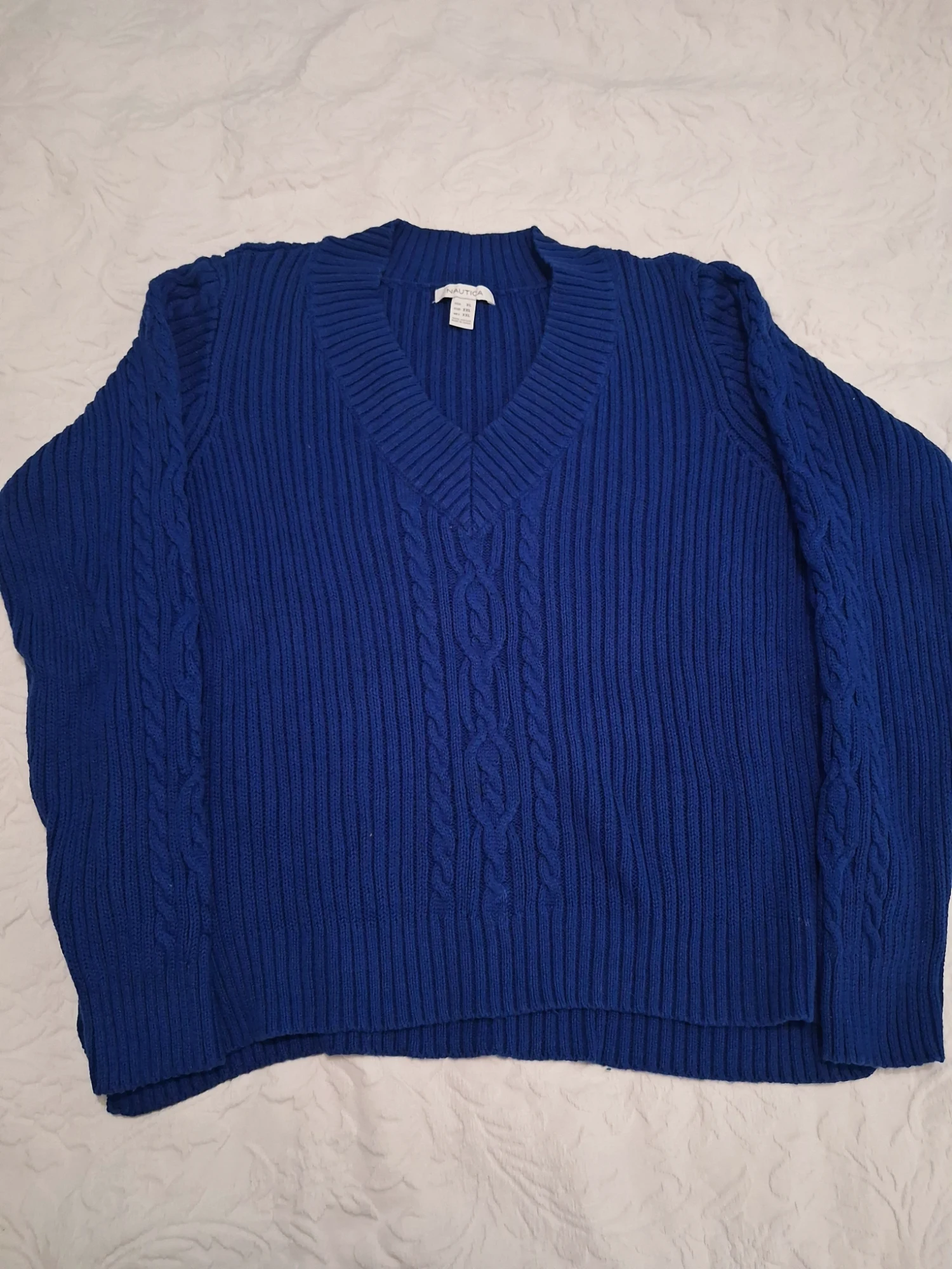 Pull col V en maille torsadée bleu Nautica