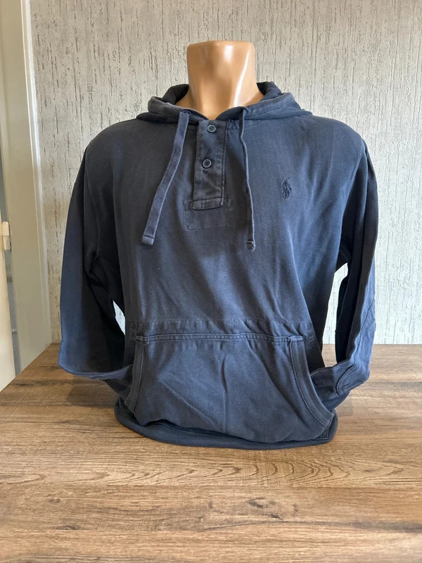 Sweat A Capuche Ralph Lauren Homme Bleu Marine Henley Pique Coton Taille L Logo Brode