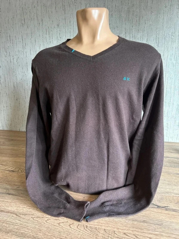 Pull Col V Sun68 Homme Marron Cachemire Laine Melange Taille L Logo Brode