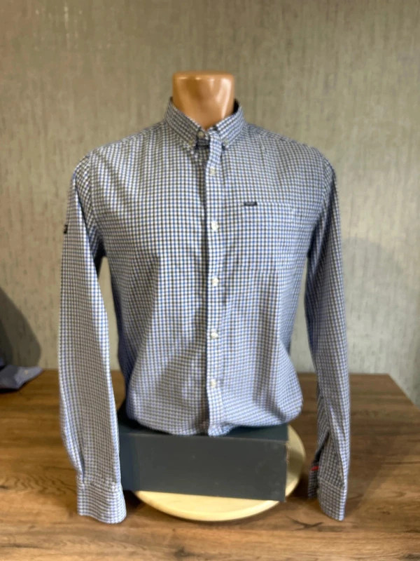 Chemise Oxford Superdry Carreaux Bleu Marine Homme Taille M Regular Fit Coton Logo