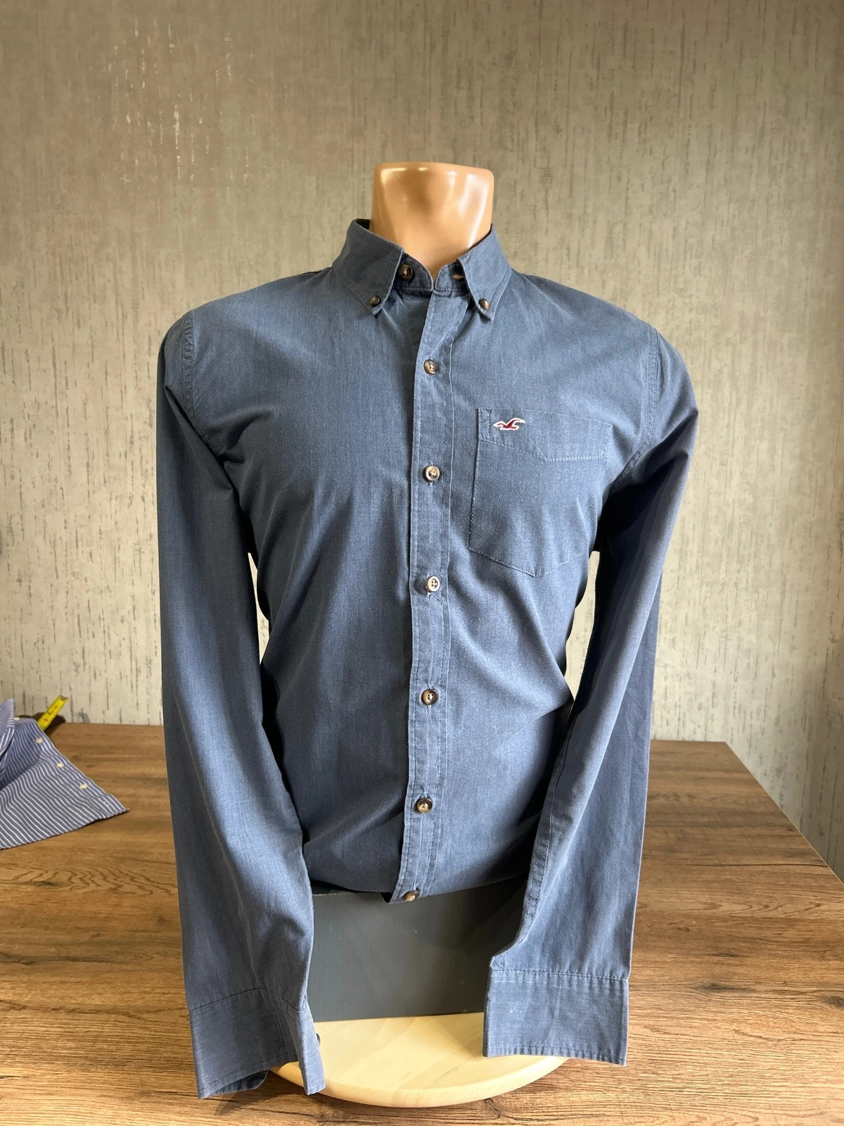Chemise Flanelle Hollister Bleu Gris Homme Taille M Logo Mouette Brode Coton