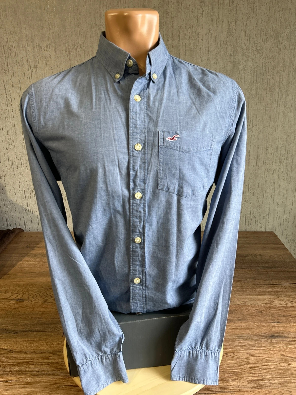 Chemise Oxford Hollister Bleu Ciel Homme Taille M Stretch Logo Mouette Brode
