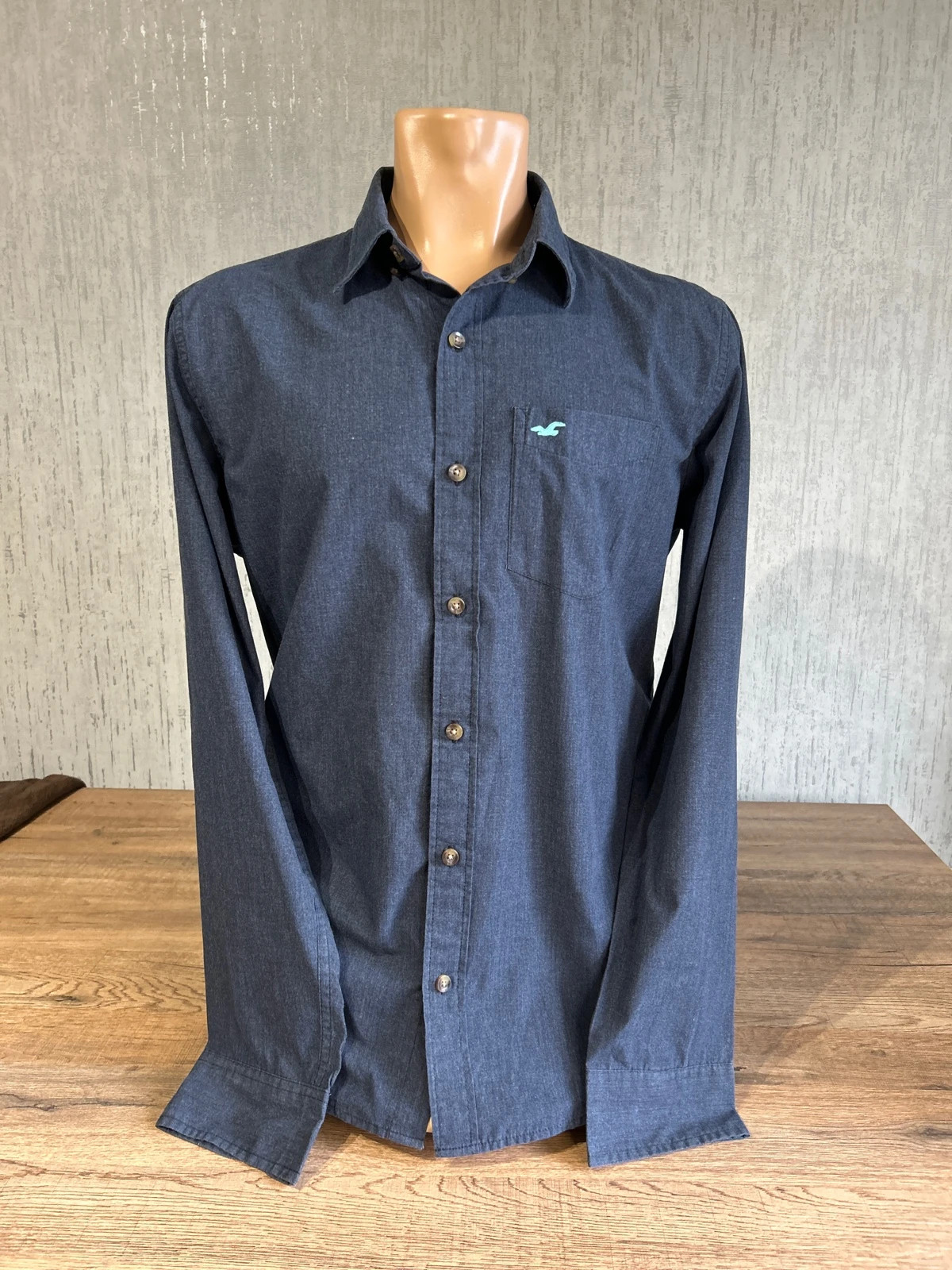 Chemise Flanelle Hollister Bleu Marine Homme Taille M Logo Mouette Brode Vert