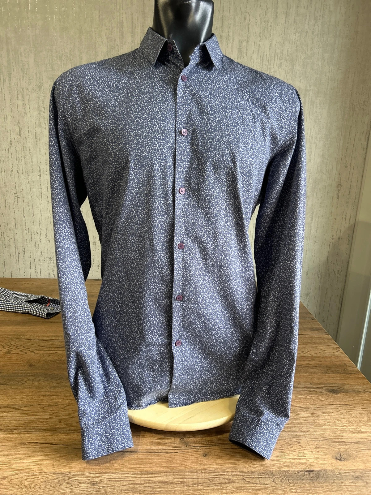 Chemise IKKS Men Slim Motif Micro Imprime Bleu Marine Homme Taille M Boutons Prune