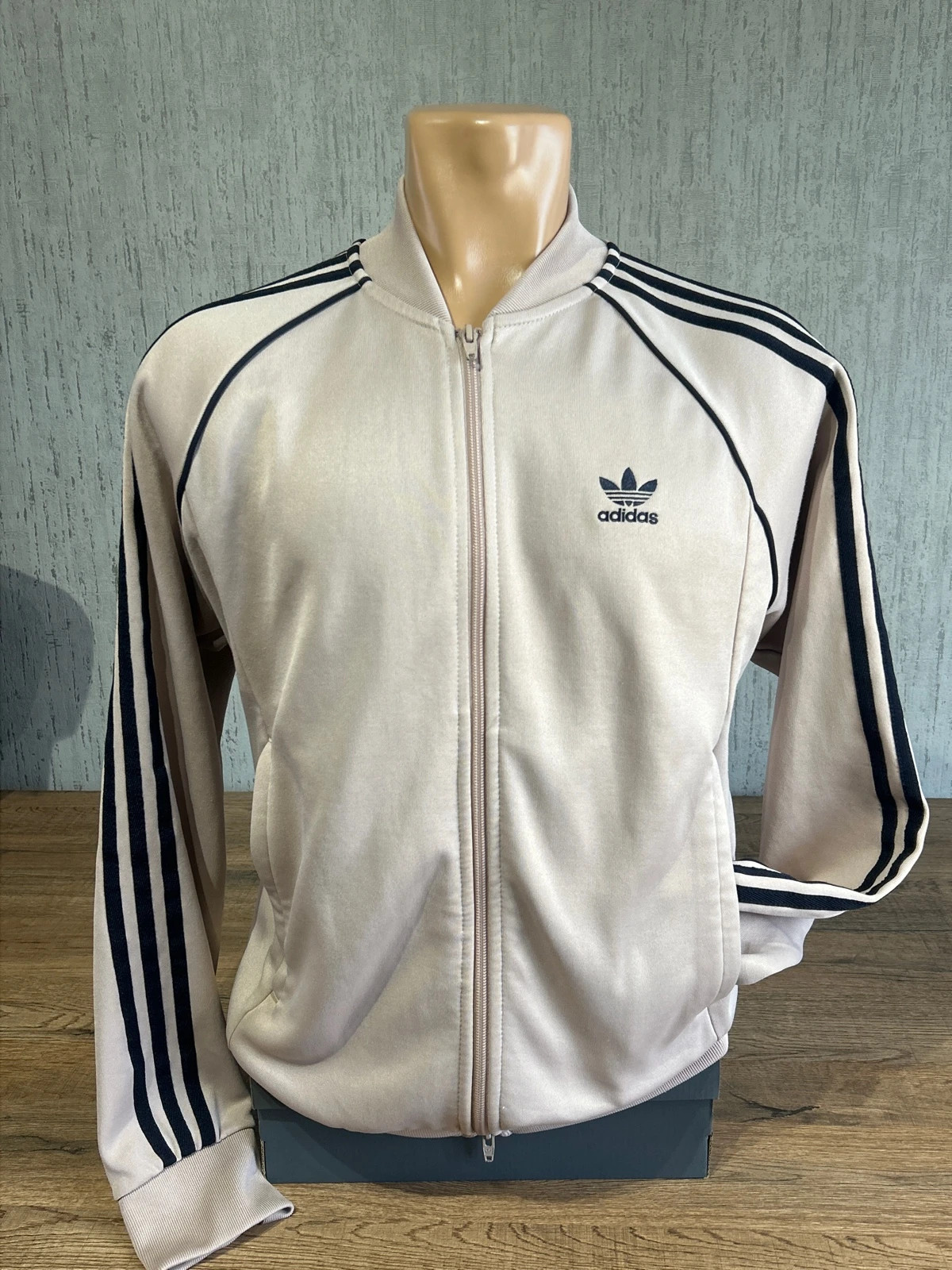 Veste Survetement Adidas Originals Vintage Beige Creme 3 Bandes Bleue Homme Size S