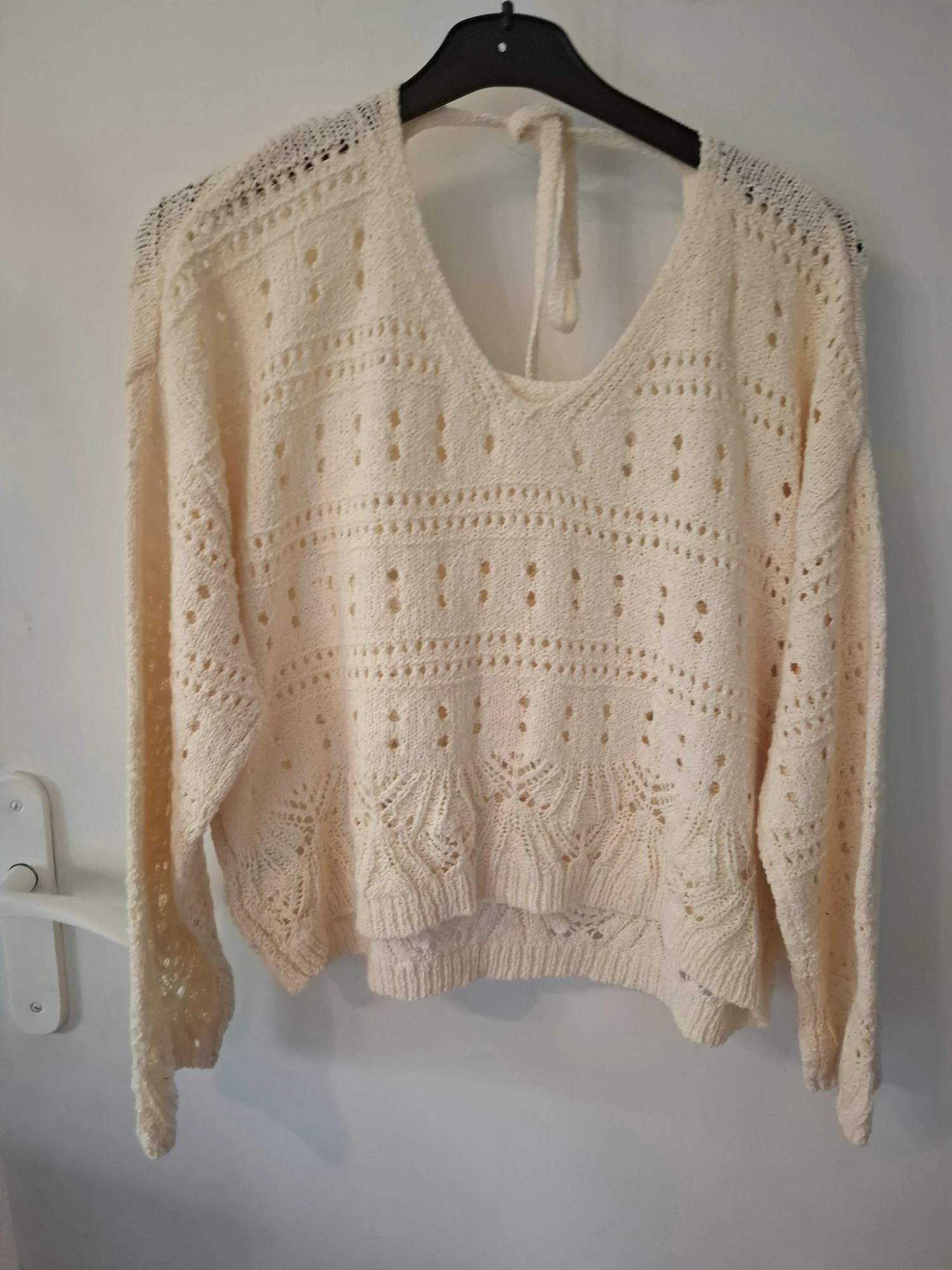 Pull crochet boho crème écru taille M(40/42) ajouré dos noué maille ajouree over