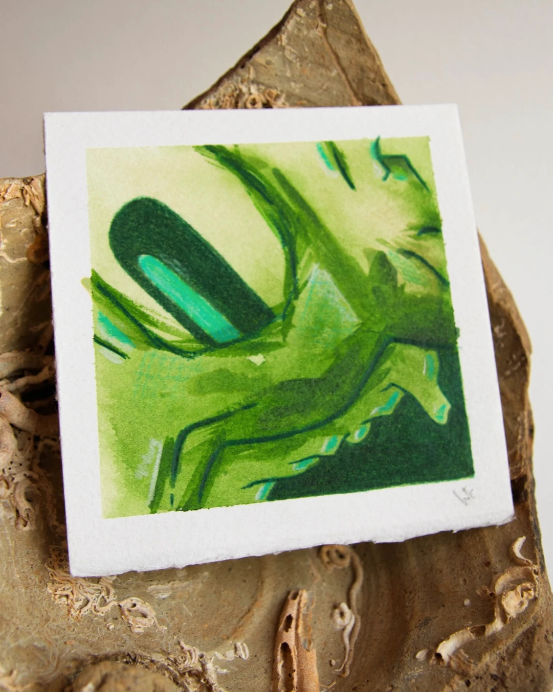 Mini Acuarela Original Arte Abstracto Verde 9x9 – Art 2