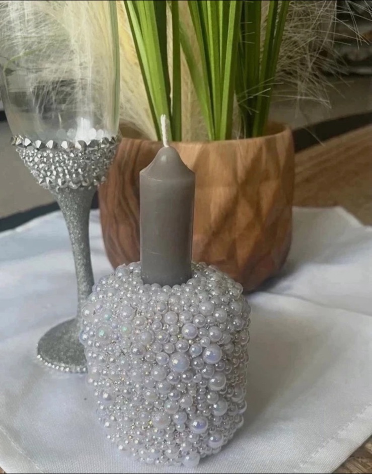 Bougeoir décoratif recouvert de perles irisées – Fait mains 5
