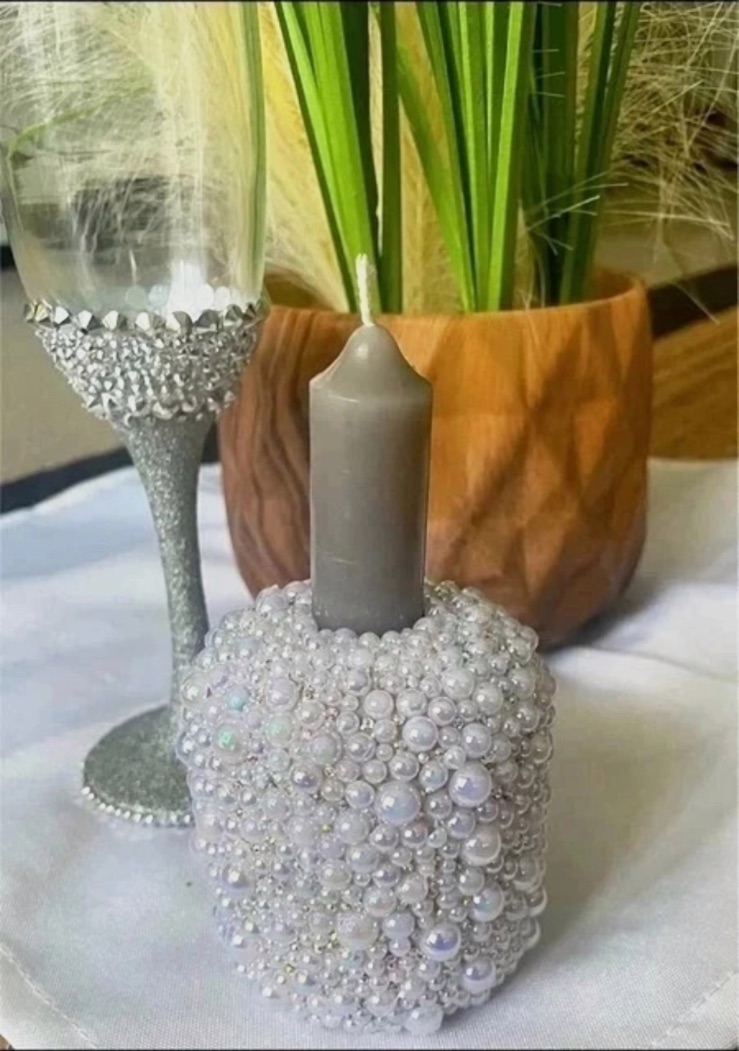 Bougeoir décoratif recouvert de perles irisées – Fait mains 6