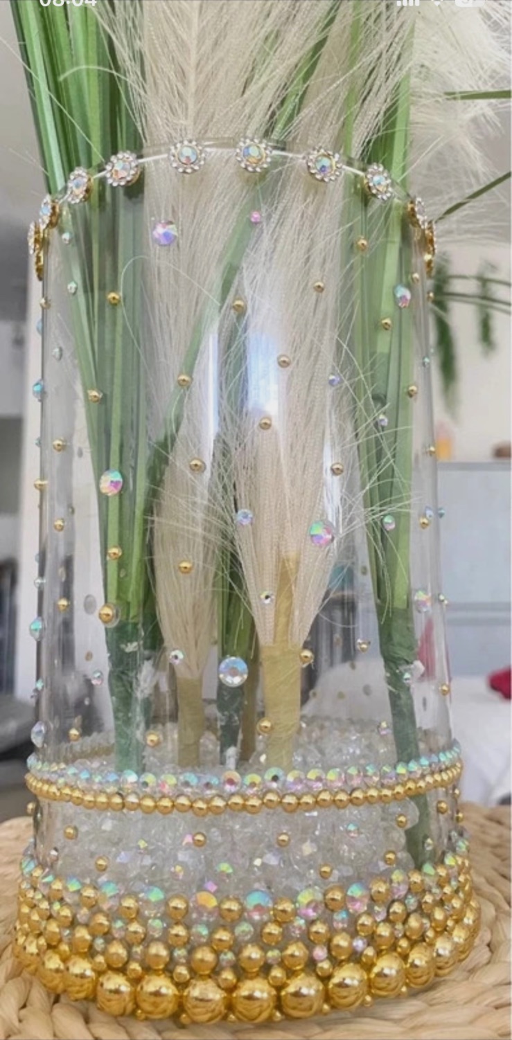 Vase en verre décoré de perles dorées et strass – Fait mains 4