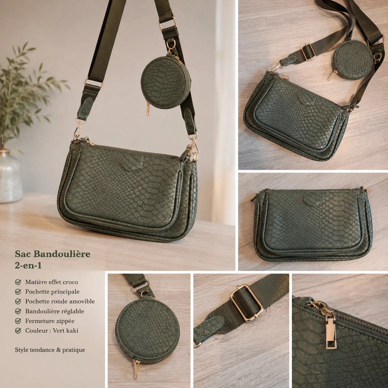 Petite pochette kaki 2 en 1 façon crocodile tendance – Tendance