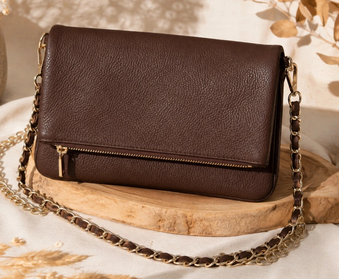 Sac sacoche bandoulière en chaîne en cuir Marron