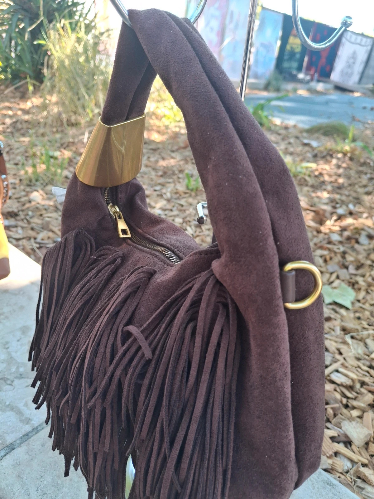 Petit sac Chocolat en suedine et full franges – boutique indépendante 3