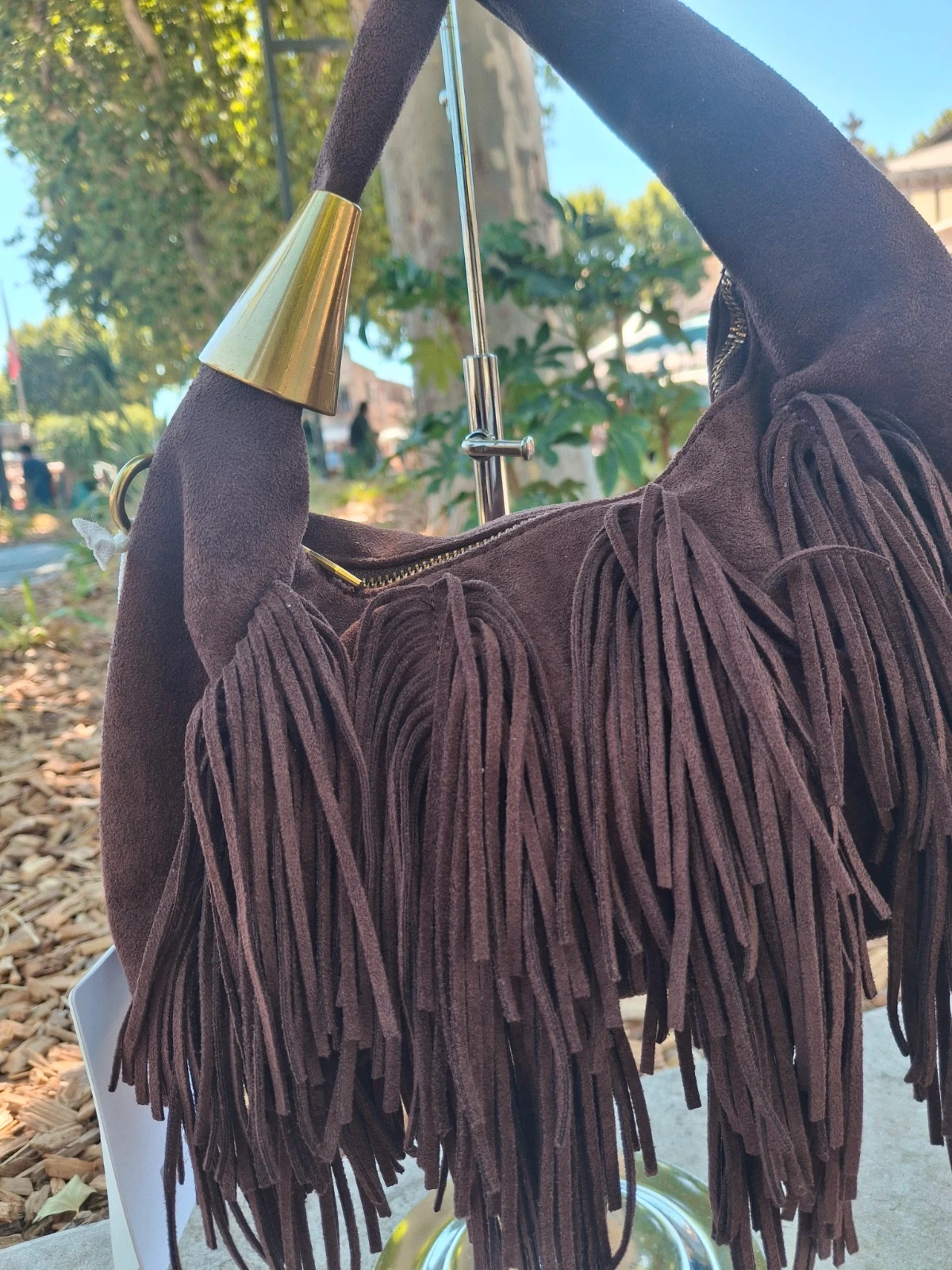 Petit sac Chocolat en suedine et full franges – boutique indépendante 2