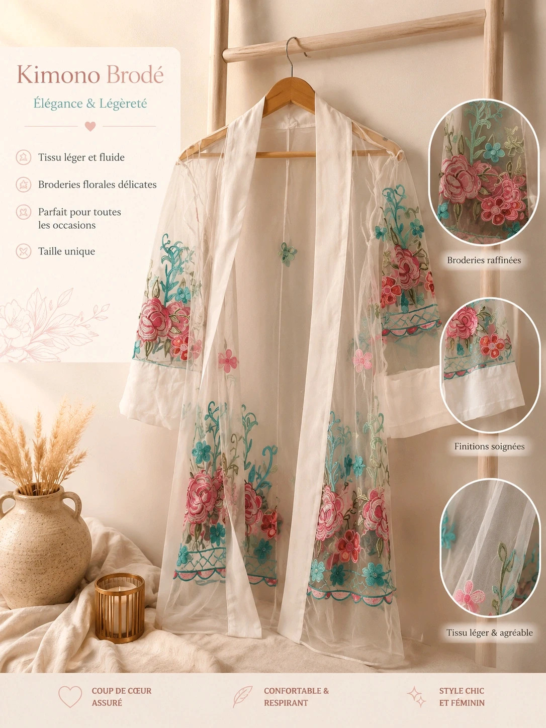 Kimono sarong voile blanc avec de jolies broderies