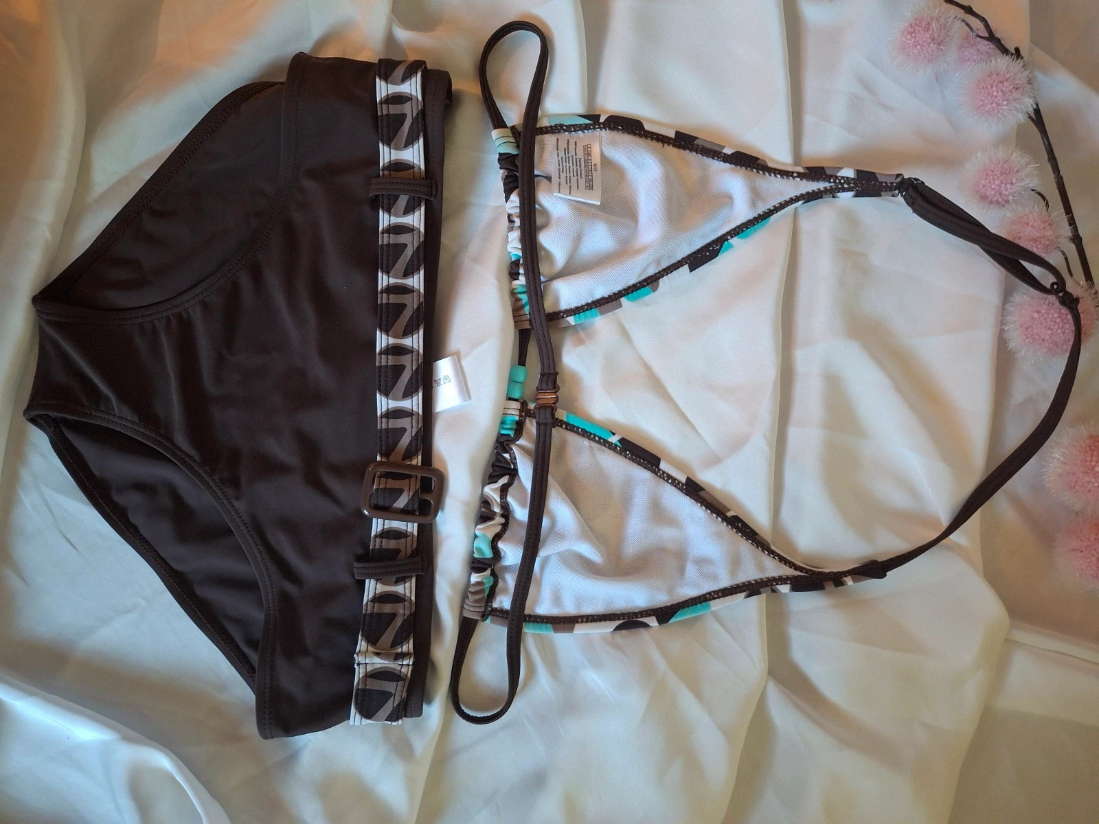 Maillot 2pces fantaisie marron et turquoise tendance – Longboard – taille S / 36 / 8 4