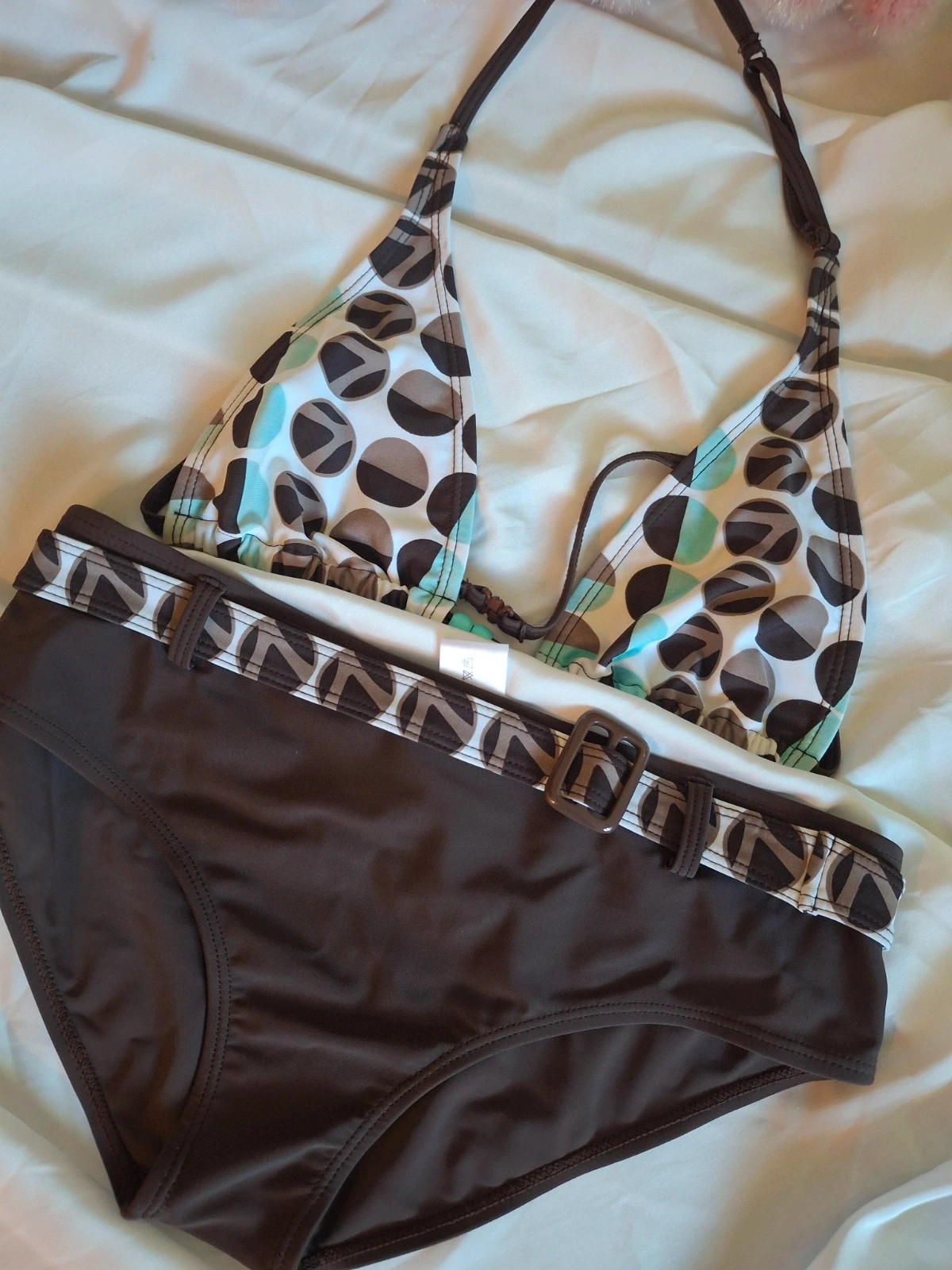 Maillot 2pces fantaisie marron et turquoise tendance