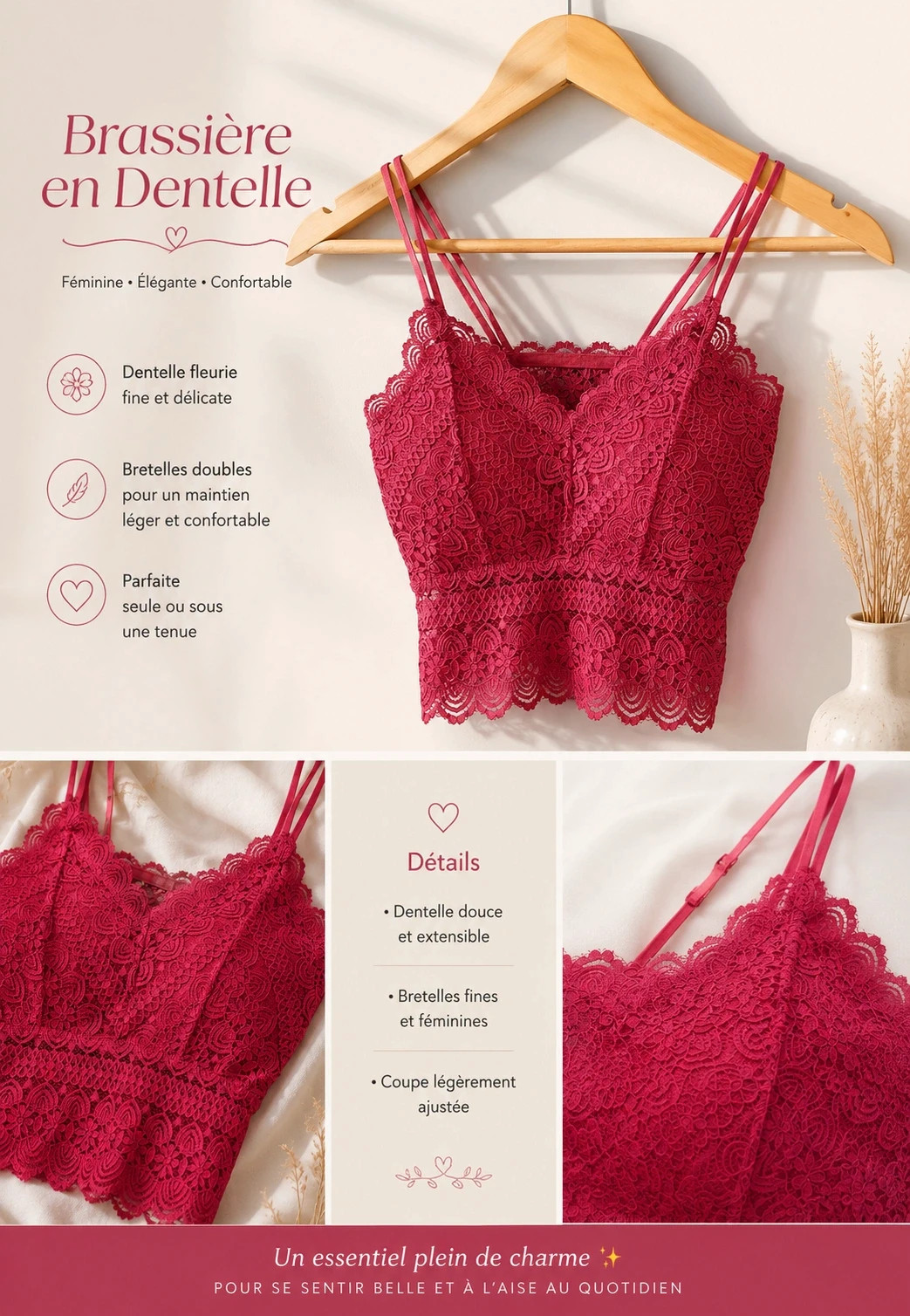 Bralette en dentelle fine fleurie tendance