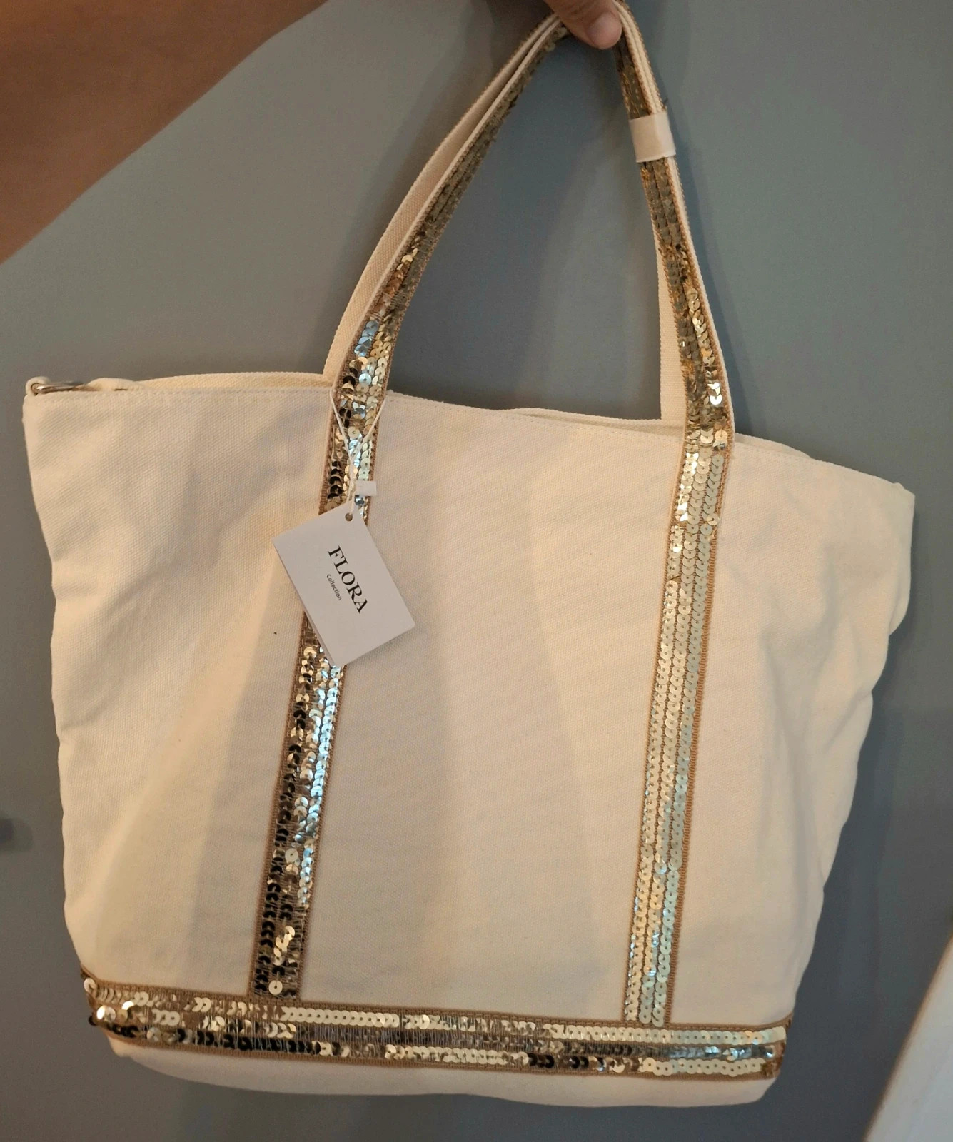 Grand sac cabas fourre tout toile et sequins Doré