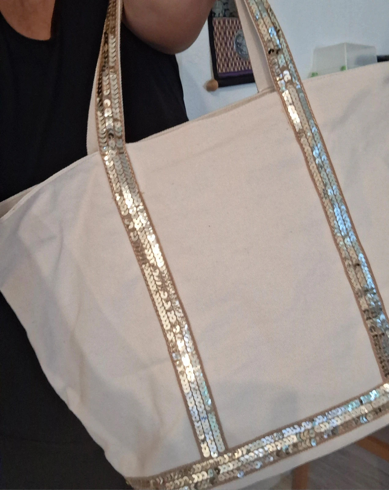 Grand sac cabas fourre tout toile et sequins Doré – Flora & Co 5