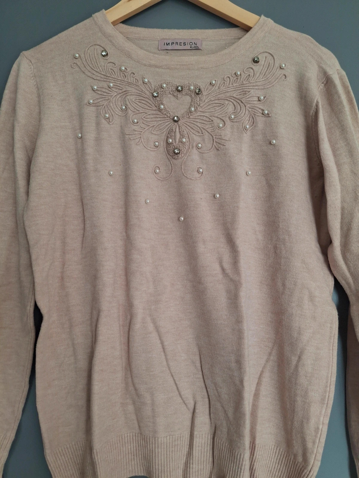 Petit pull mi saison Ecru avec perles et strass – Impression – taille XXL / 44 / 16 3