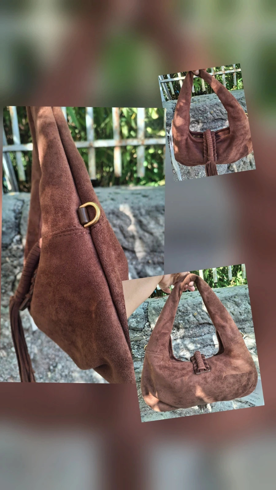 Sac a main effet Daim marron et franges