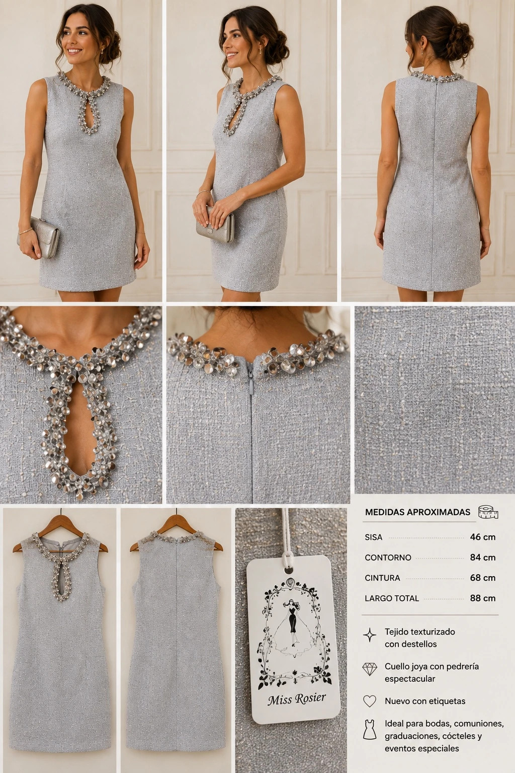 Vestido Miss Rosier gris plata con pedrería joya – Miss Rosier – taille Autre 2