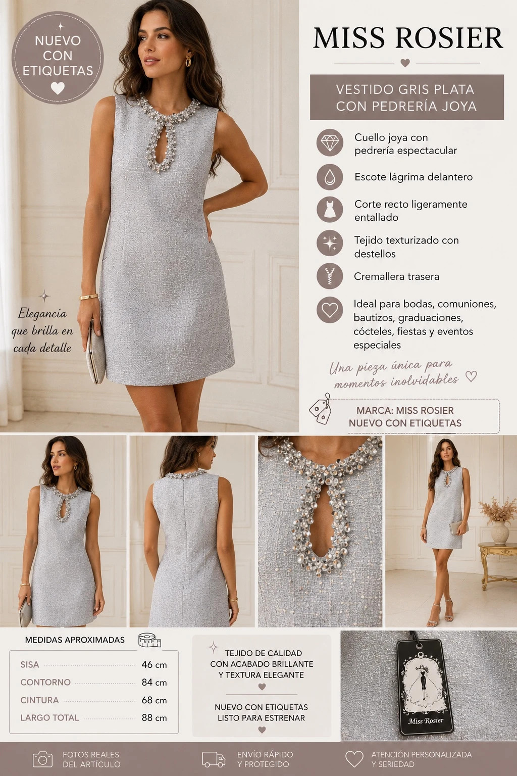 Vestido Miss Rosier gris plata con pedrería joya – Miss Rosier – taille Autre 3