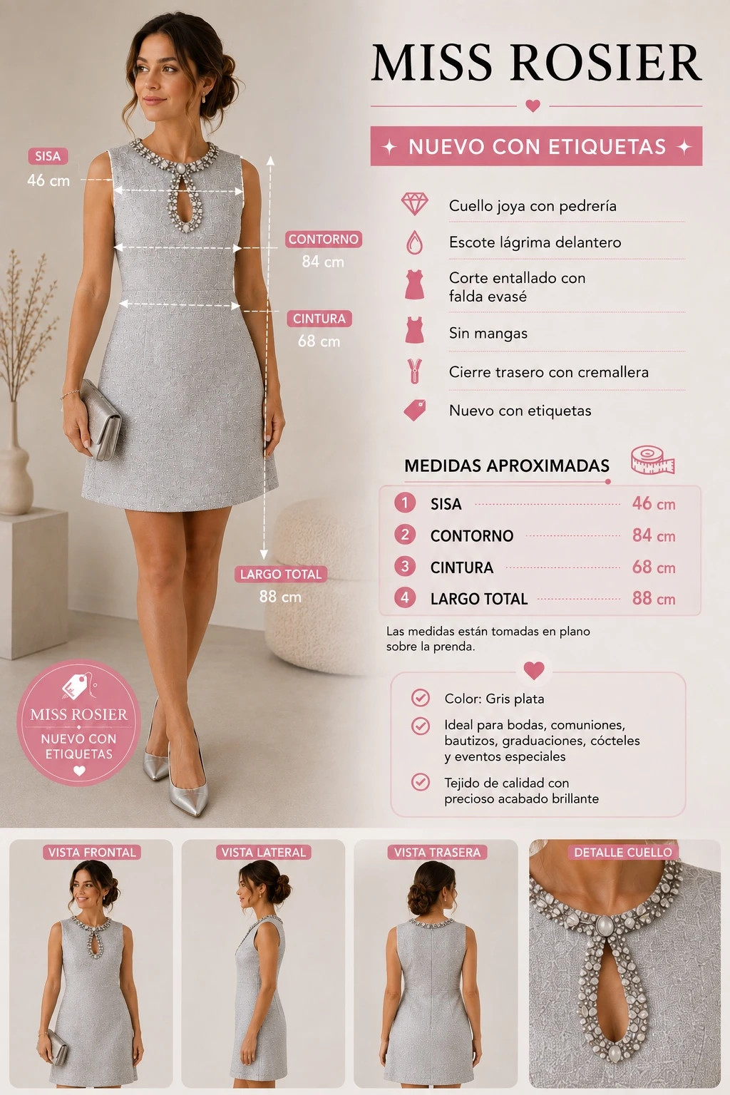 Vestido Miss Rosier gris plata con pedrería joya