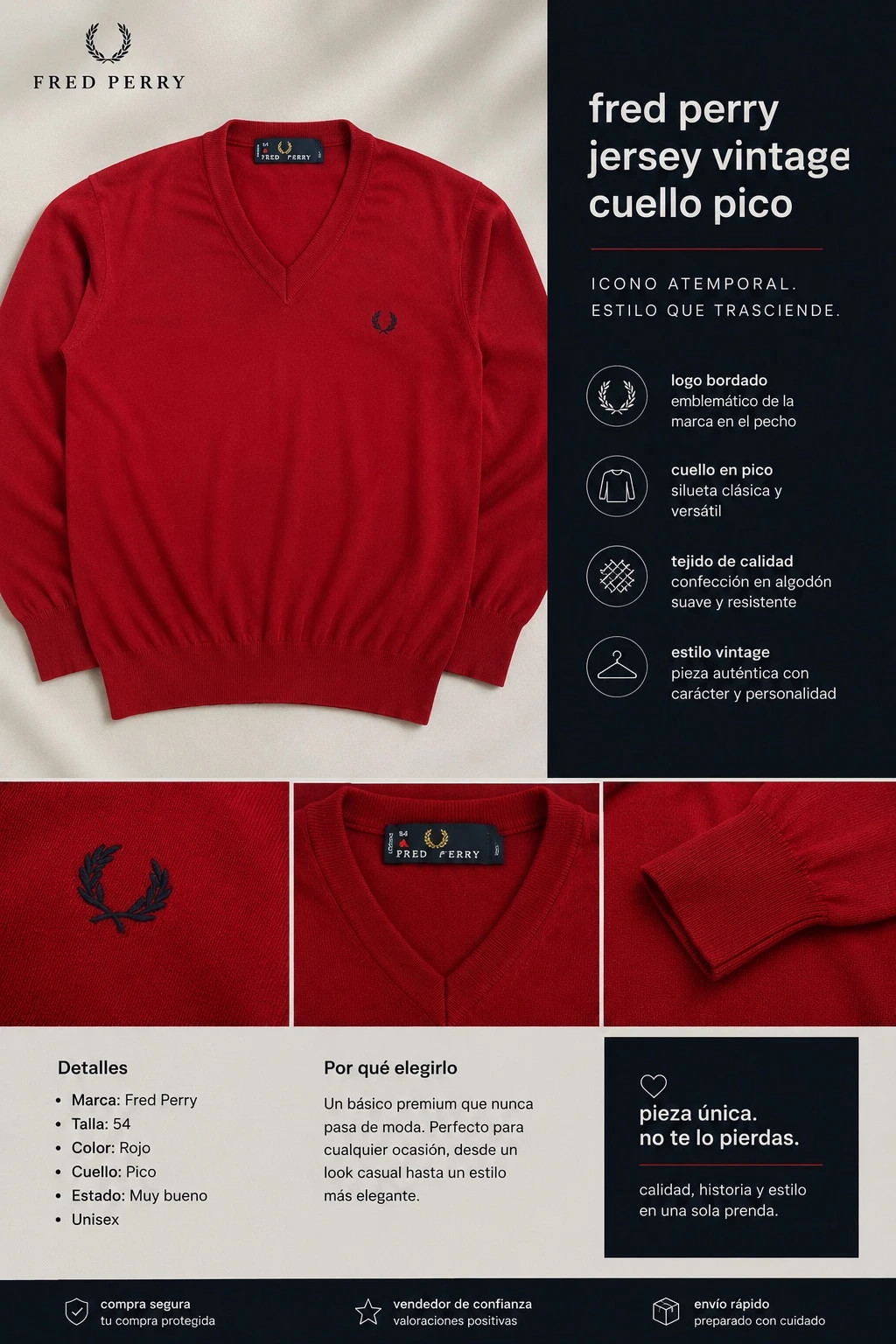 Fred Perry jersey vintage cuello pico rojo granate talla 54 – Fred Perry – taille Taille unique