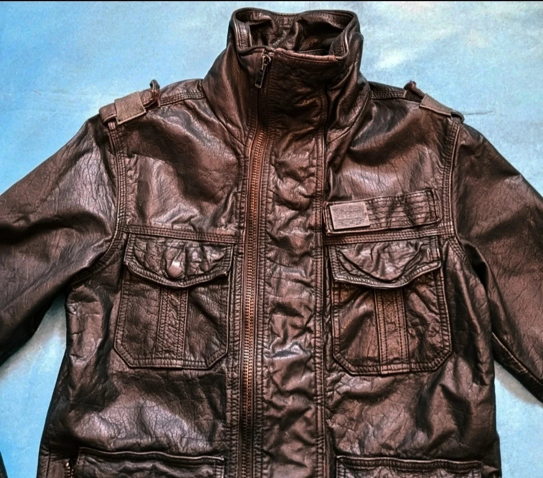 Superdry Vintage Brown Leather Military Utility Jacket Size S – Vintage Dressing – taille S 2