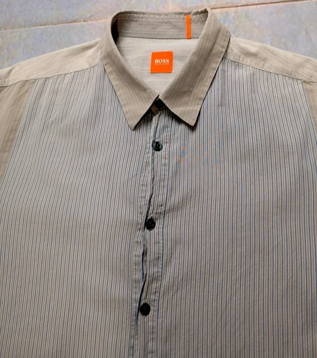 Hugo Boss Orange Shirt Size XL Gray Striped Long Sleeve Patchwork Design – Hugo Boss – taille XL 3