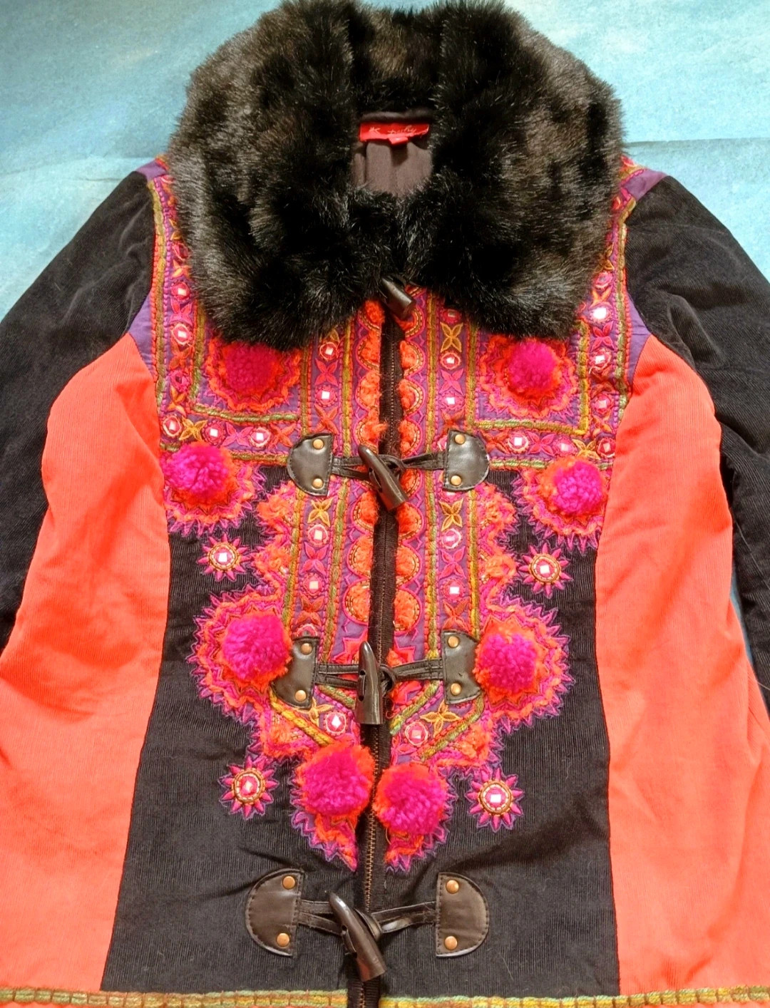 Derhy Boho Embroidered Winter Coat Faux Fur Collar Women's L – Vintage Dressing – taille L / 40 / 12 2