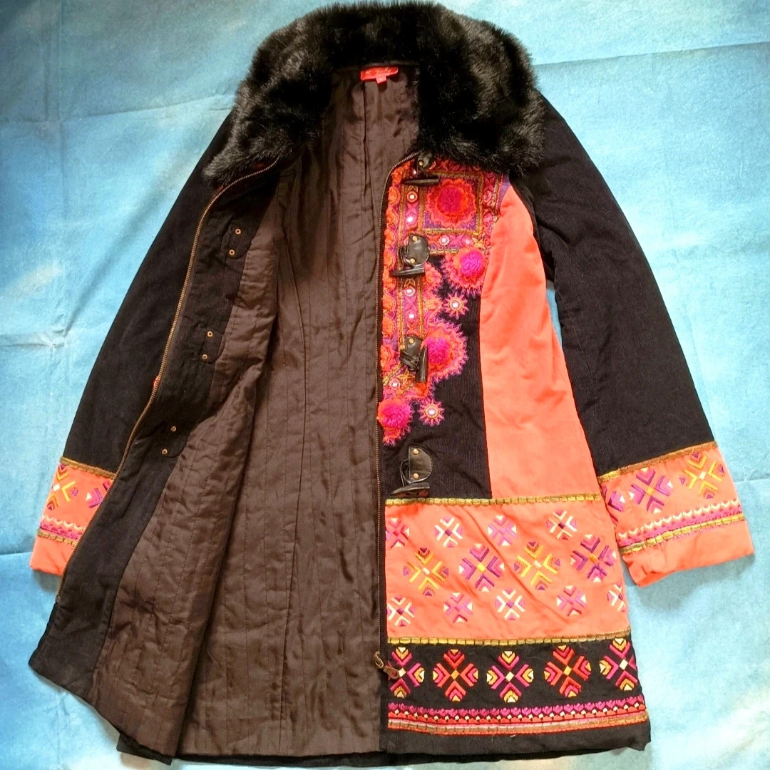 Derhy Boho Embroidered Winter Coat Faux Fur Collar Women's L – Vintage Dressing – taille L / 40 / 12 4