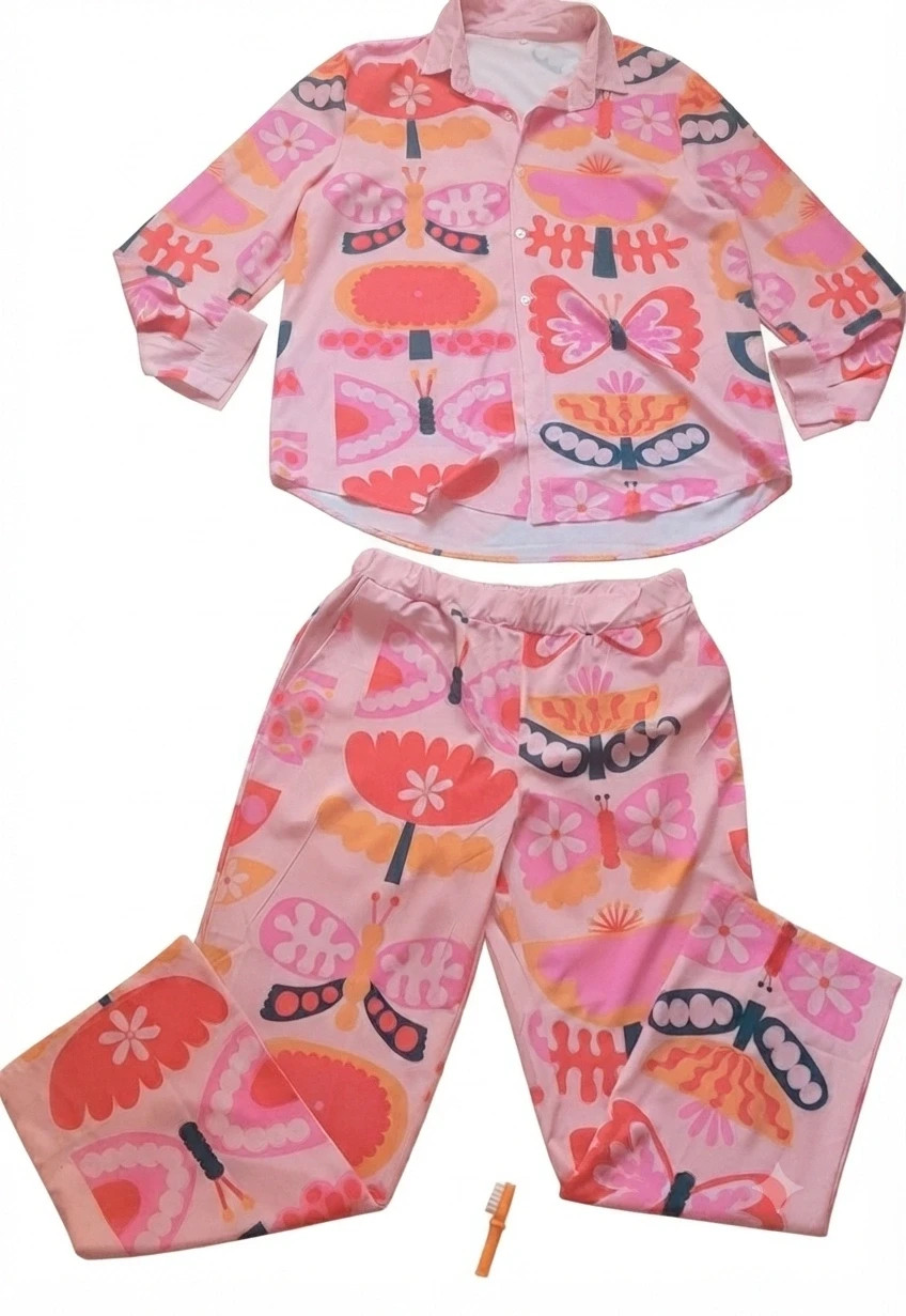 Conjunto o pijama estampado mariposas holgado primaveral talla xl – Shein – taille XL / 42 / 14 3