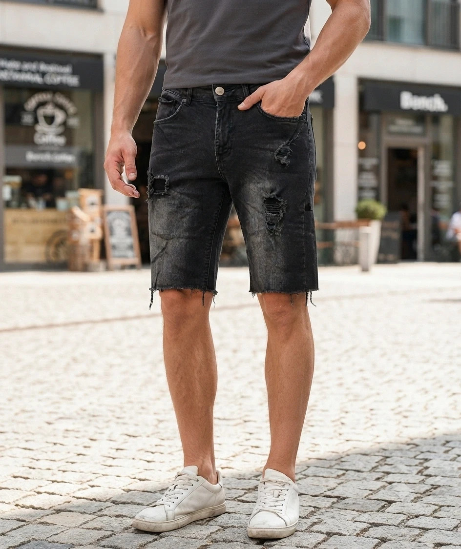 Pantalones cortos vaqueros negros con rotos - Talla 40