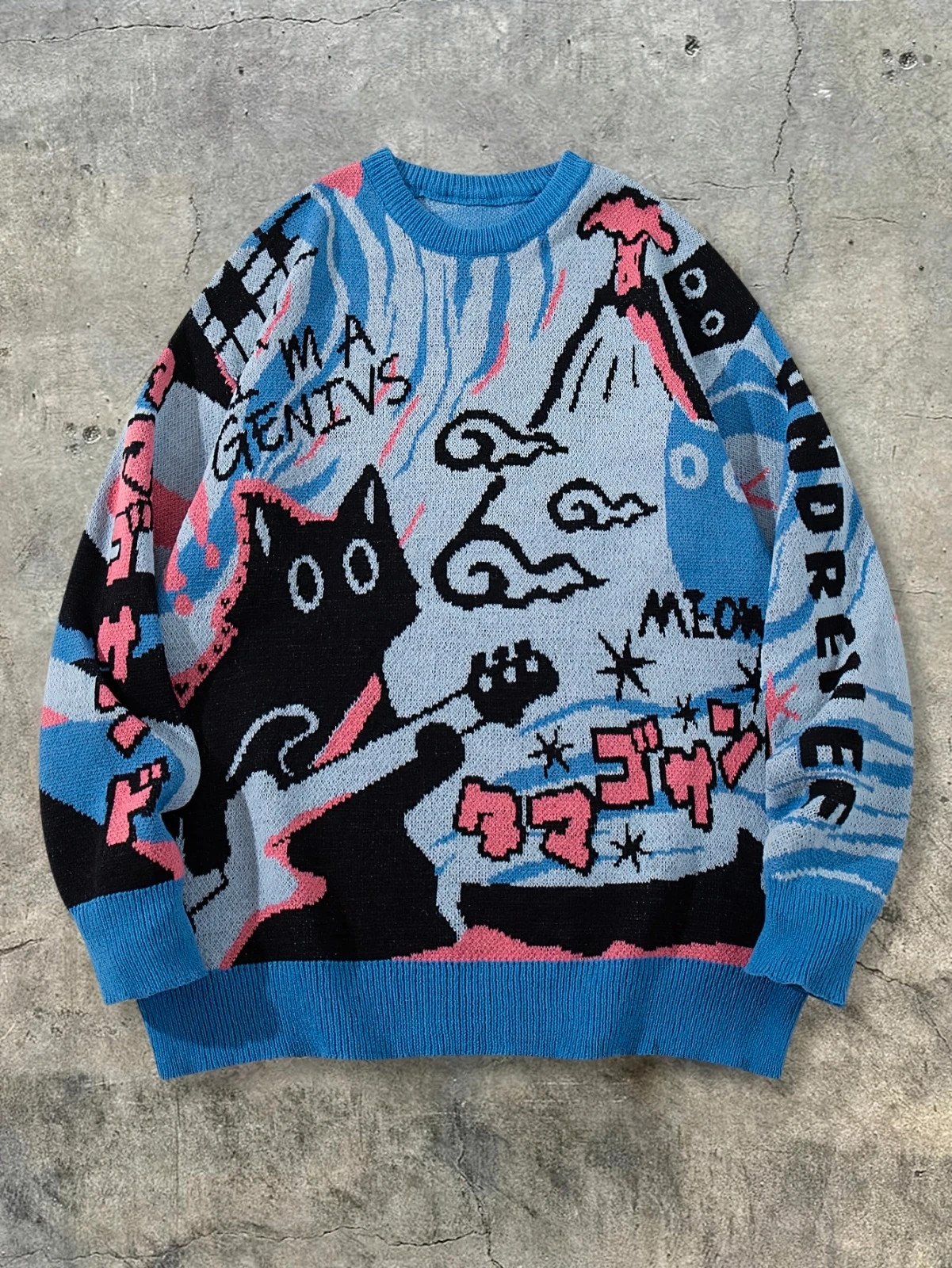 Pull Sweat Streetwear bleu graffiti chat japan style - Taille M