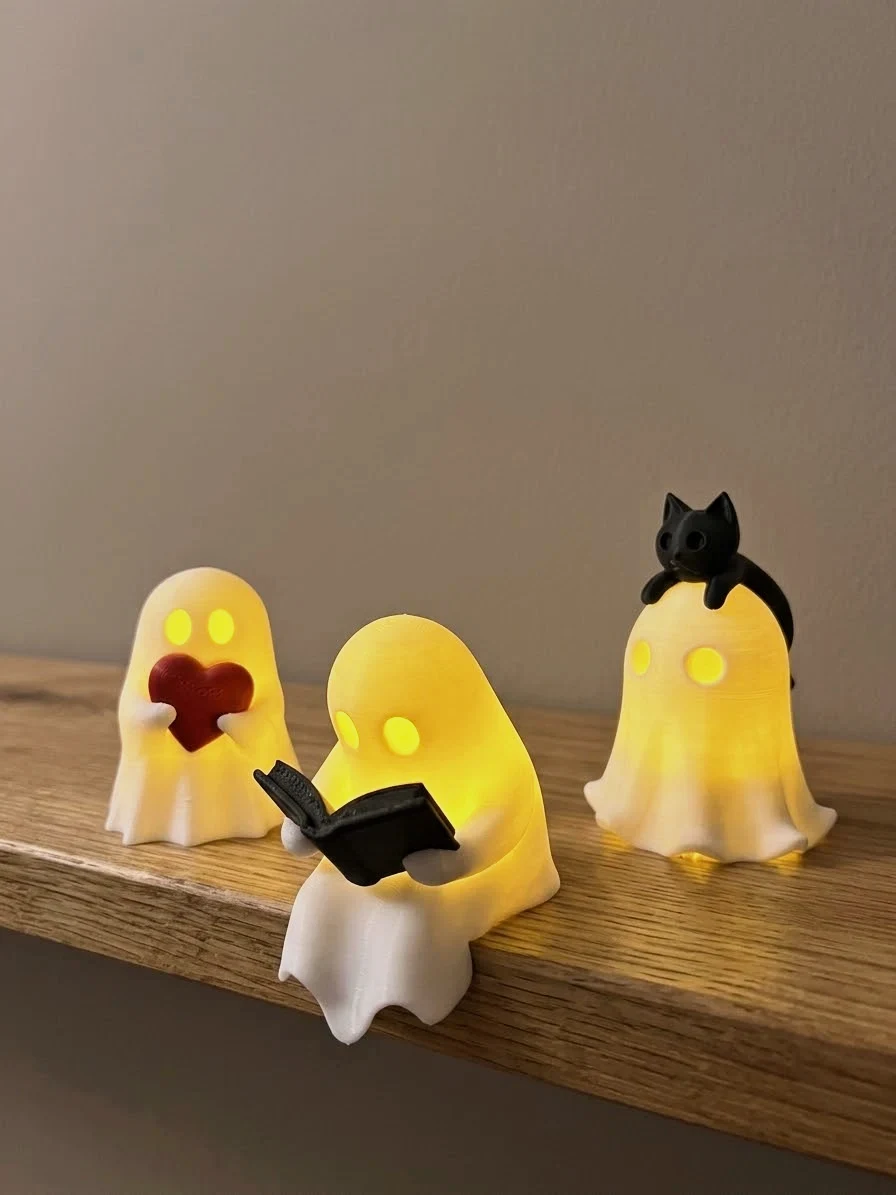 Pack 3 Fantasmas Halloween Lector Corazón Y Gato Negro Vela LED / Decoración Ka